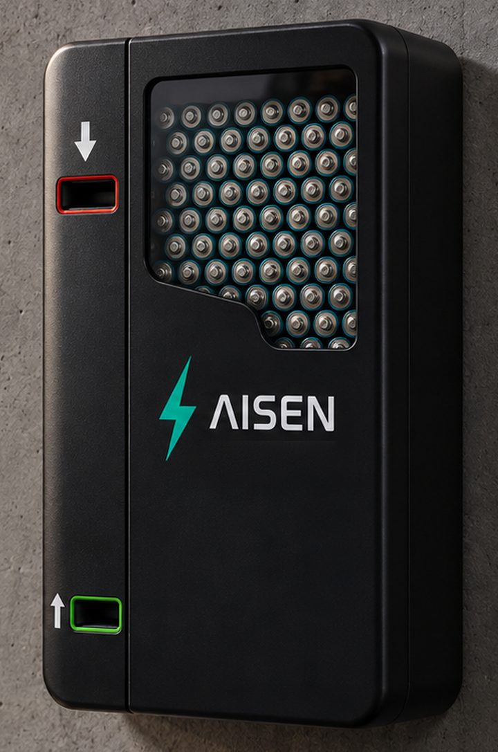 Vue d'artiste en gros plan de la station Aisen&nbsp;: la fenêtre remplie de piles et le logo Aisen sur le boîtier noir.